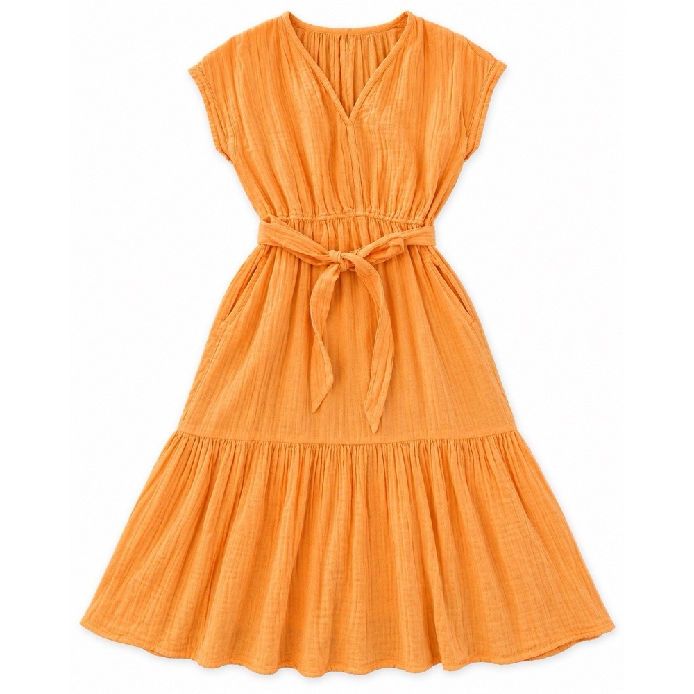 XiRENA Dress Small Orange Cotton Gauze Tiered Midi Belted Pockets Made USA